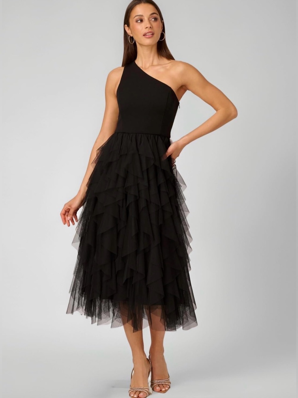 Adrianna Papell One-Shoulder Black Ruffled Tulle Midi Dress